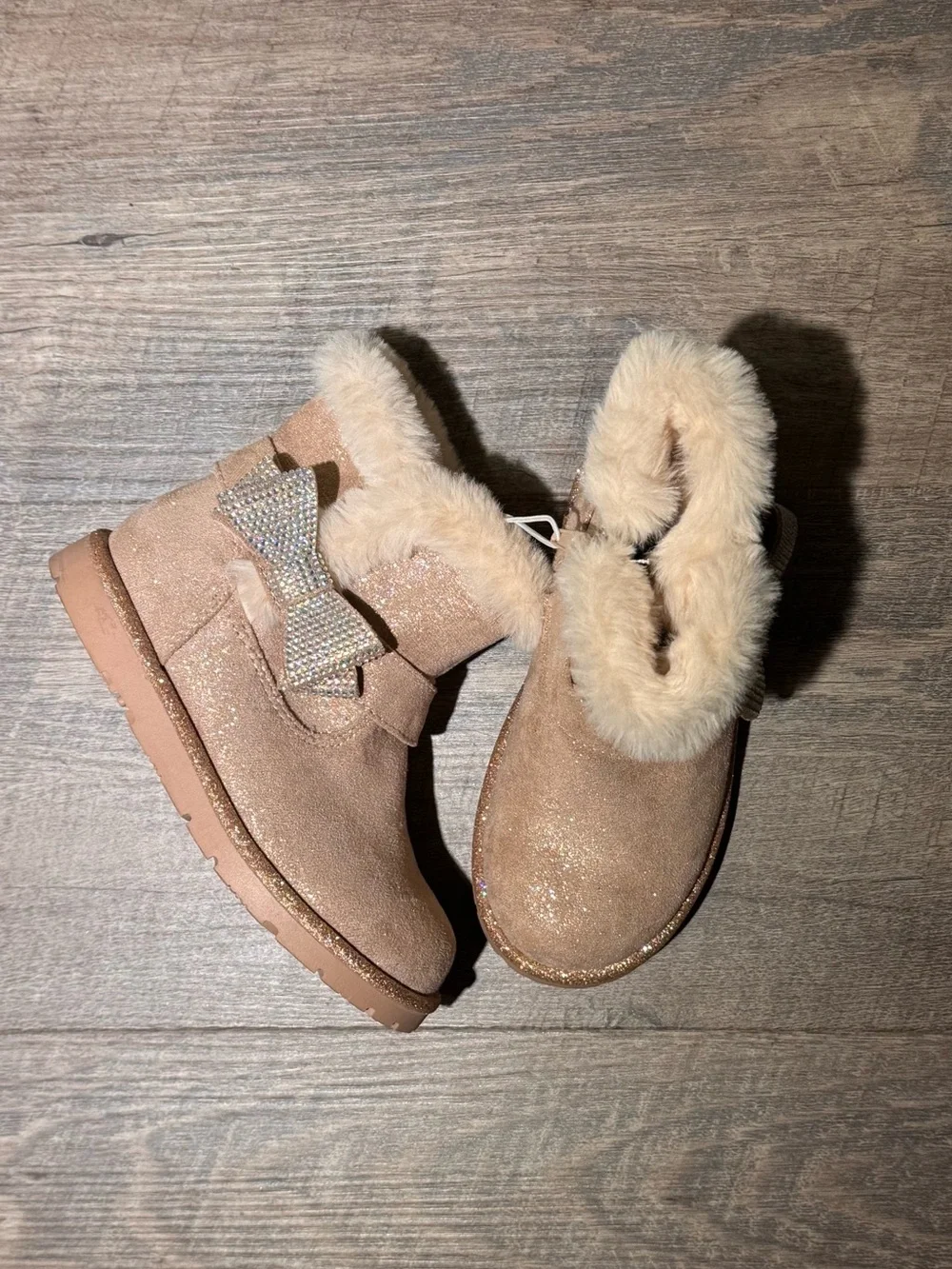 Rose Gold Glitter Faux-Fur Bow Ankle Boots